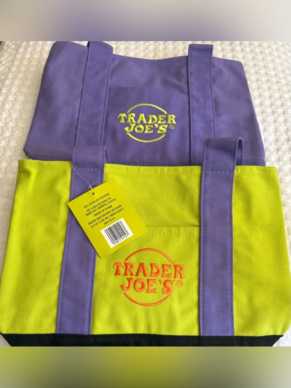 Trader Joe’s Mini Tote Bags in Purple and Lime Green